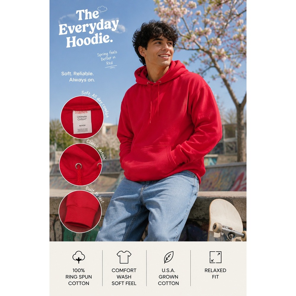 Hanes Ultimate Cotton Mens Red Hoodie Sweatshirt Pullover Medium Solid Fleece